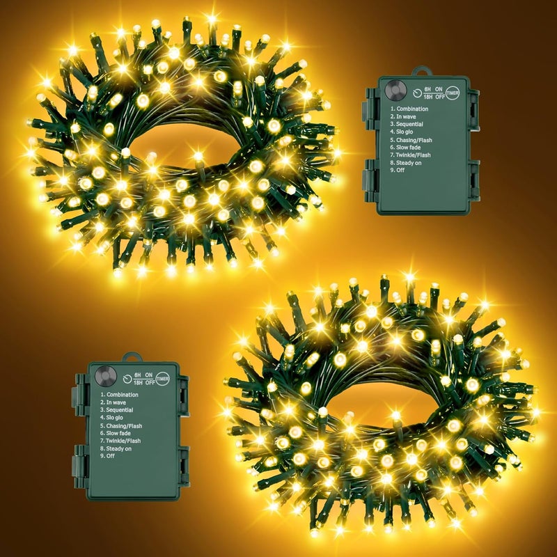 FFZZKJ Christmas Lights Outdoor Battery Operated String Lights Total 100LED 33Ft with Timer 8 Modes 16.4Ft*2 Waterproof Outdoor Indoor for Christmas Decor, Warm White, 2-Pack - Image 1